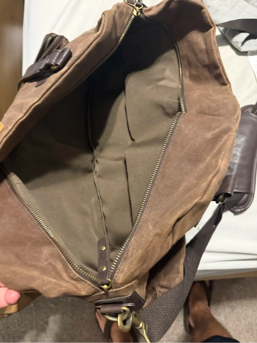 Waxed Canvas Duffel Bag in Brown with Leather Trim